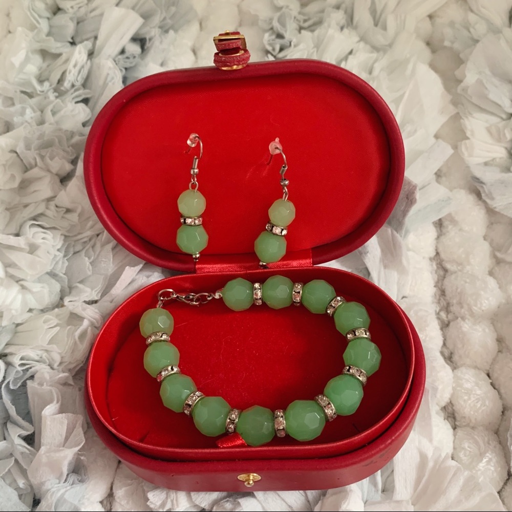 Real Jade & Cubic Zirconia Earring / Bracelet Set